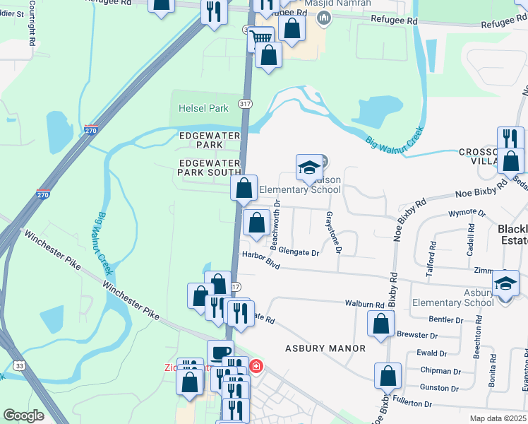 map of restaurants, bars, coffee shops, grocery stores, and more near 3399 Beachworth Drive in Columbus