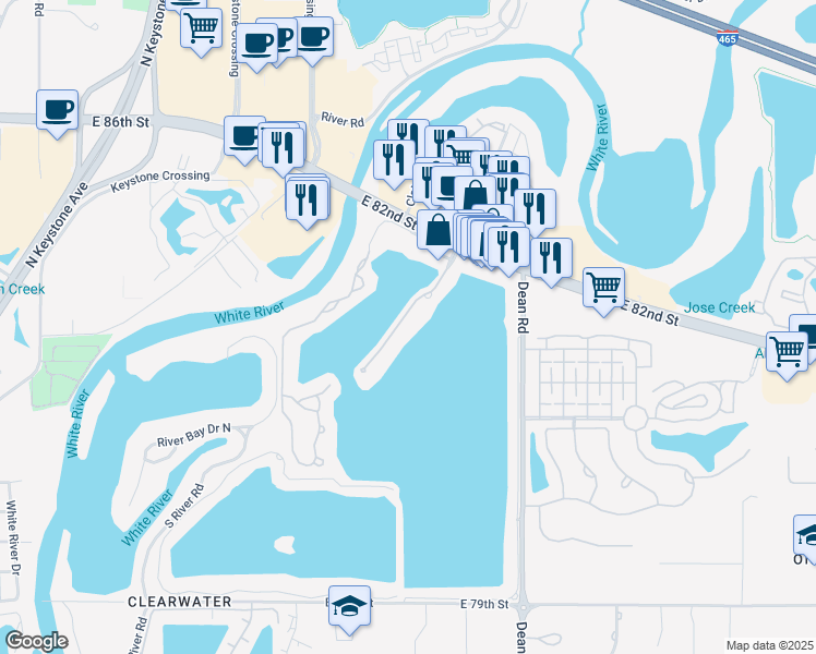 map of restaurants, bars, coffee shops, grocery stores, and more near 8225 Clearwater Pointe in Indianapolis