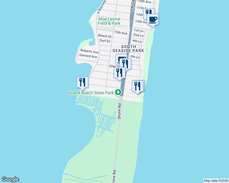 map of restaurants, bars, coffee shops, grocery stores, and more near 110 24th Avenue in Seaside Park