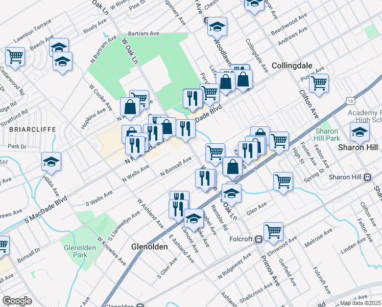 map of restaurants, bars, coffee shops, grocery stores, and more near 309 West Oak Lane in Collingdale