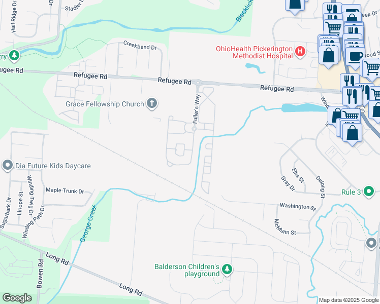 map of restaurants, bars, coffee shops, grocery stores, and more near 141 Fuller's Circle in Pickerington