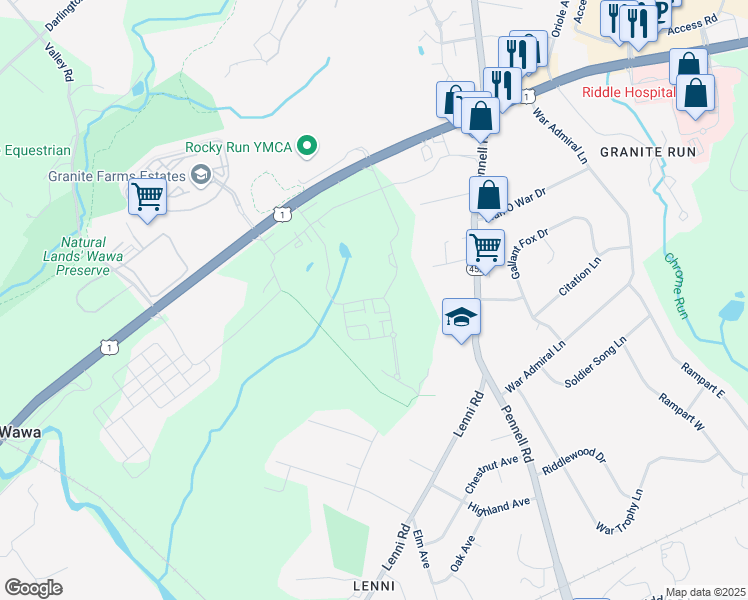 map of restaurants, bars, coffee shops, grocery stores, and more near 113 Kenneth Lane in Media