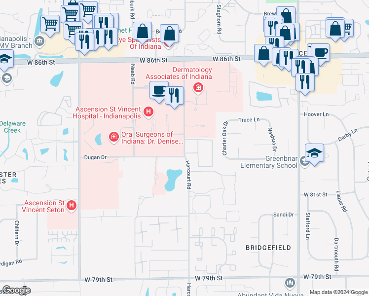 map of restaurants, bars, coffee shops, grocery stores, and more near 8265 Harcourt Road in Indianapolis