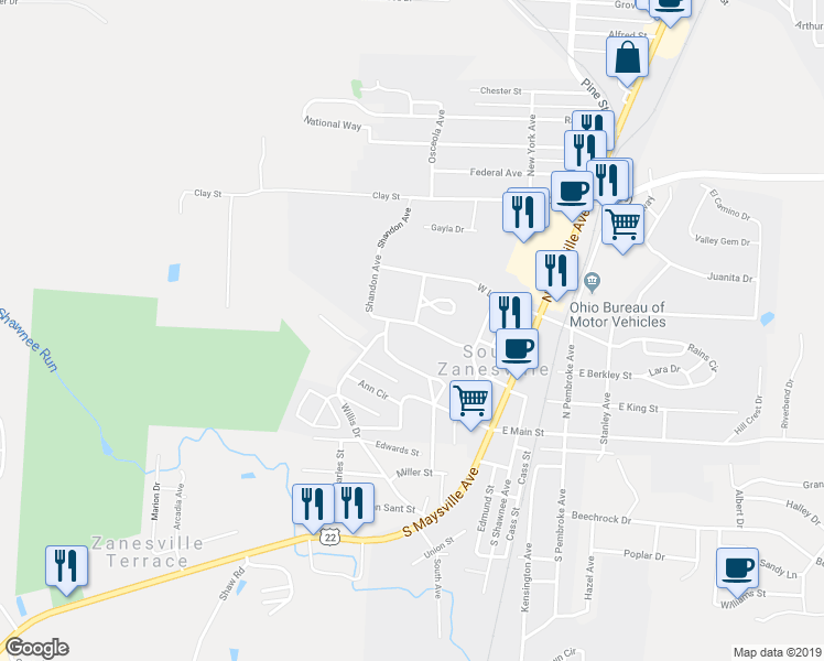 map of restaurants, bars, coffee shops, grocery stores, and more near 94 Parkwood Avenue in Zanesville