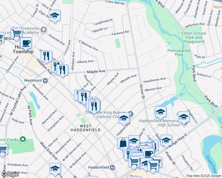 map of restaurants, bars, coffee shops, grocery stores, and more near 217 Rhoads Avenue in Haddonfield
