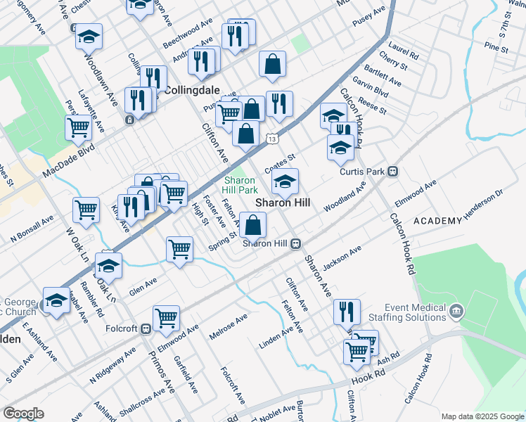 map of restaurants, bars, coffee shops, grocery stores, and more near 1122 Spring Street in Sharon Hill