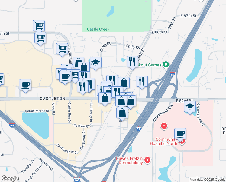 map of restaurants, bars, coffee shops, grocery stores, and more near 8255 Craig Street in Indianapolis