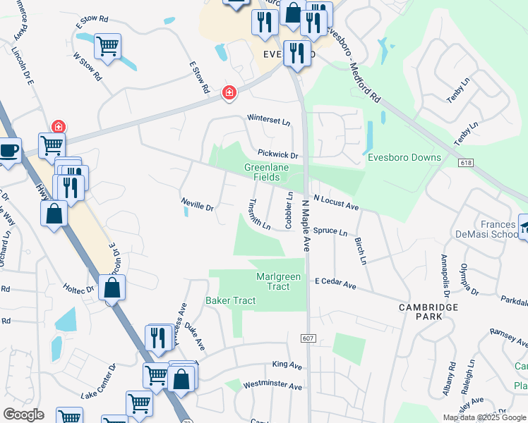 map of restaurants, bars, coffee shops, grocery stores, and more near 11 Pewter Lane in Evesham