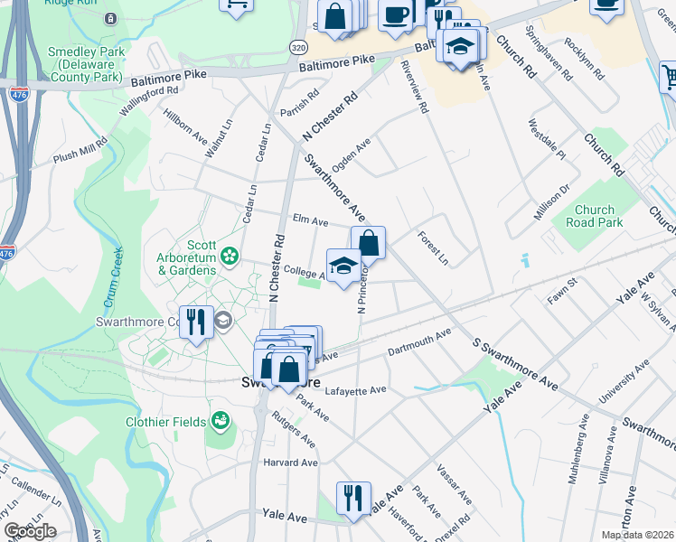 map of restaurants, bars, coffee shops, grocery stores, and more near 115 College Avenue in Swarthmore