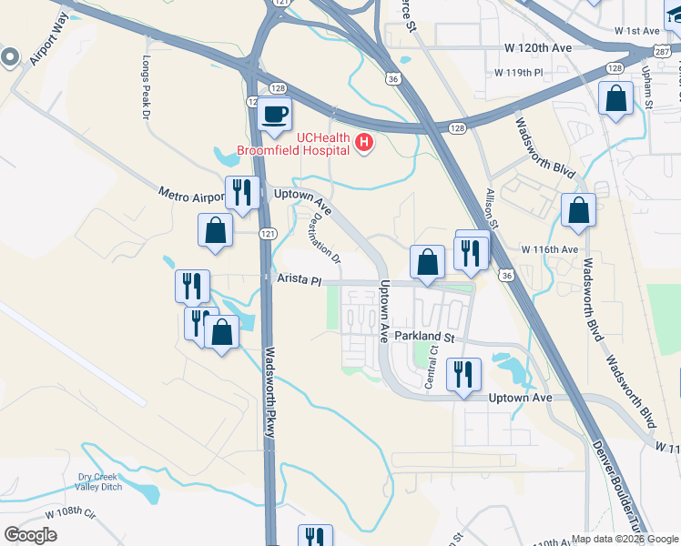 map of restaurants, bars, coffee shops, grocery stores, and more near 8501 Arista Place in Broomfield