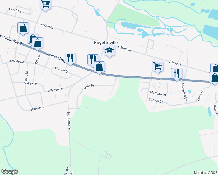 map of restaurants, bars, coffee shops, grocery stores, and more near 32 Turner Drive in Fayetteville