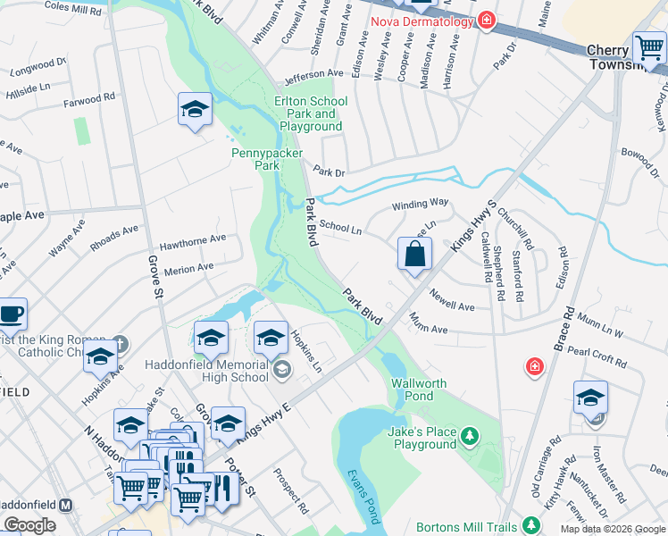 map of restaurants, bars, coffee shops, grocery stores, and more near 110 B Cherry Parke in Cherry Hill