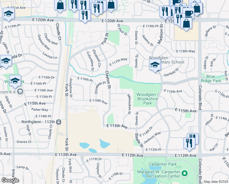 map of restaurants, bars, coffee shops, grocery stores, and more near 11683 Fillmore Place in Thornton