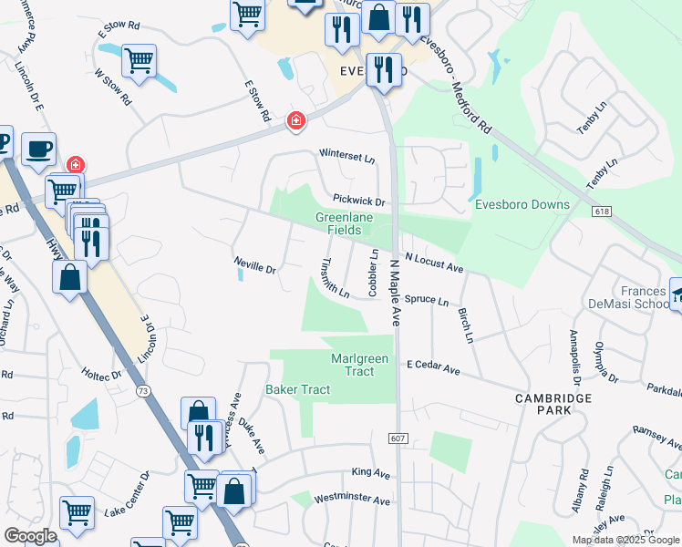 map of restaurants, bars, coffee shops, grocery stores, and more near 11 Pewter Lane in Evesham