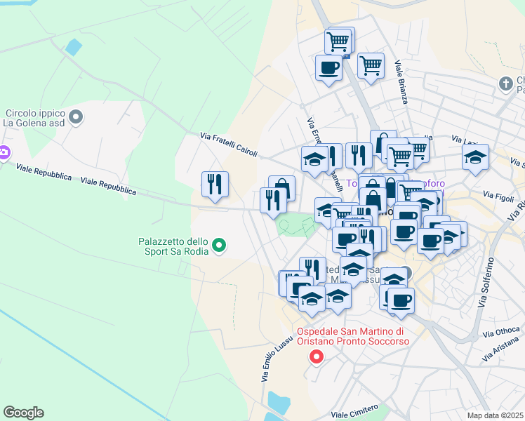 map of restaurants, bars, coffee shops, grocery stores, and more near 1 Via XXV Luglio 1943 in Oristano