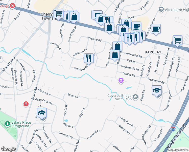 map of restaurants, bars, coffee shops, grocery stores, and more near 300 Sawmill Road in Cherry Hill