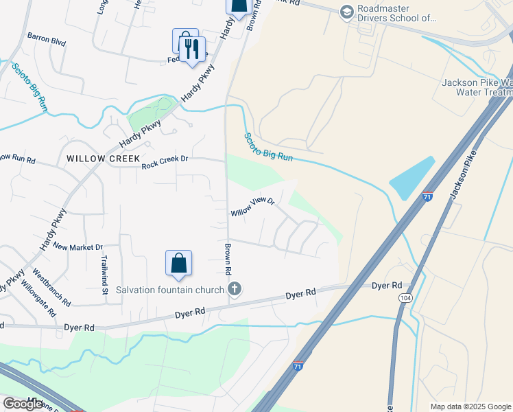 map of restaurants, bars, coffee shops, grocery stores, and more near 1535 Willow View Drive in Grove City
