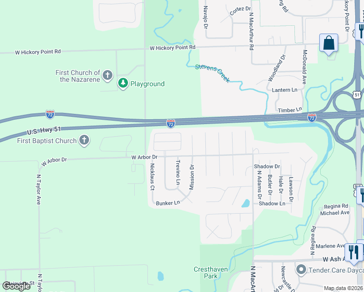 map of restaurants, bars, coffee shops, grocery stores, and more near 4701-4789 Beechwood Trail in Decatur