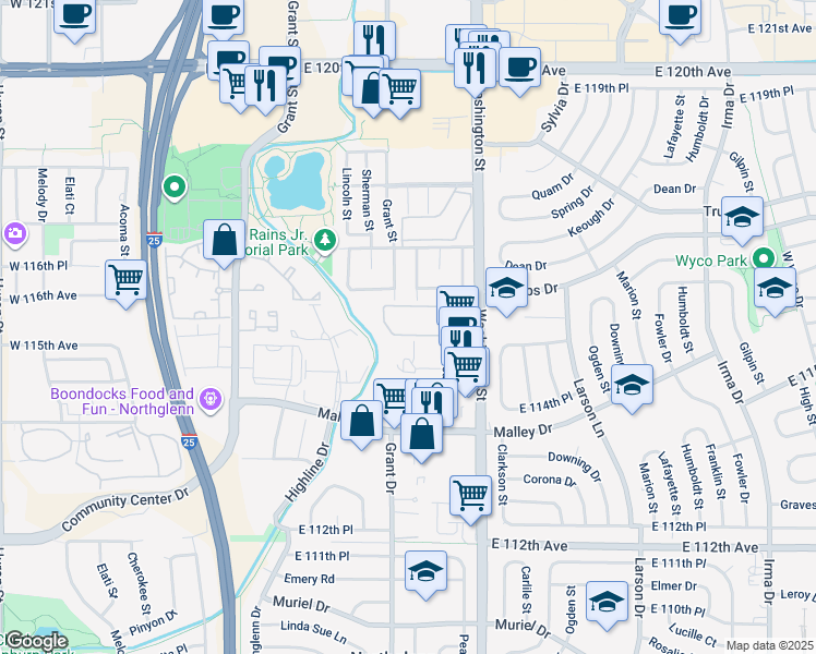 map of restaurants, bars, coffee shops, grocery stores, and more near 11501 Washington Street in Northglenn