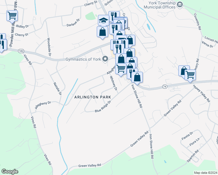 map of restaurants, bars, coffee shops, grocery stores, and more near 449 Rushmore Drive in York