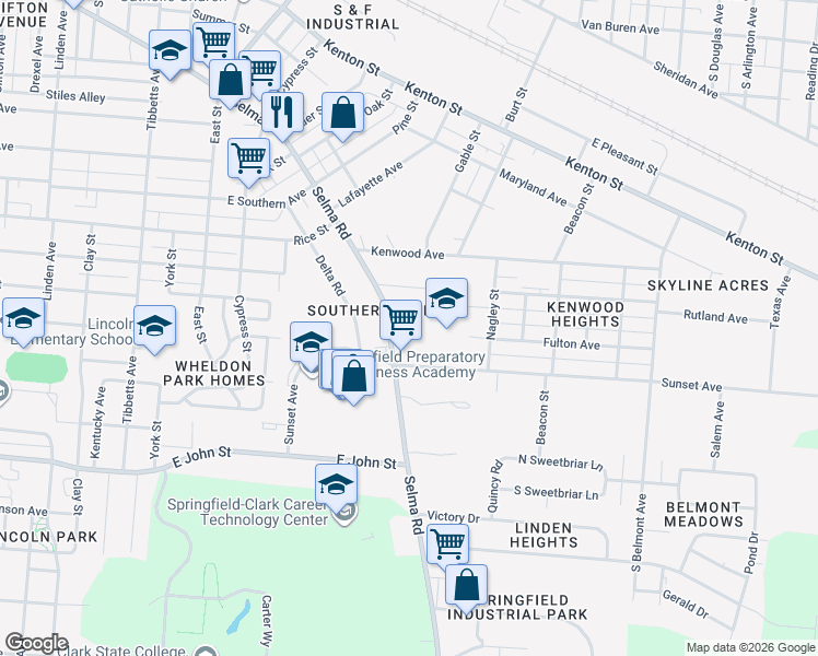map of restaurants, bars, coffee shops, grocery stores, and more near 1514 Selma Road in Springfield