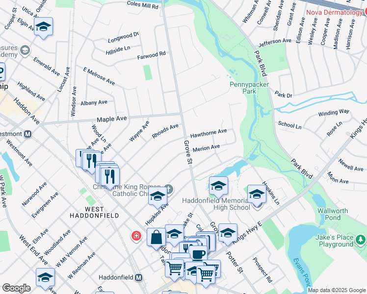map of restaurants, bars, coffee shops, grocery stores, and more near 404 Grove Street in Haddonfield