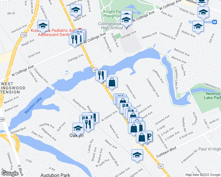map of restaurants, bars, coffee shops, grocery stores, and more near 11 East Beechwood Avenue in Oaklyn