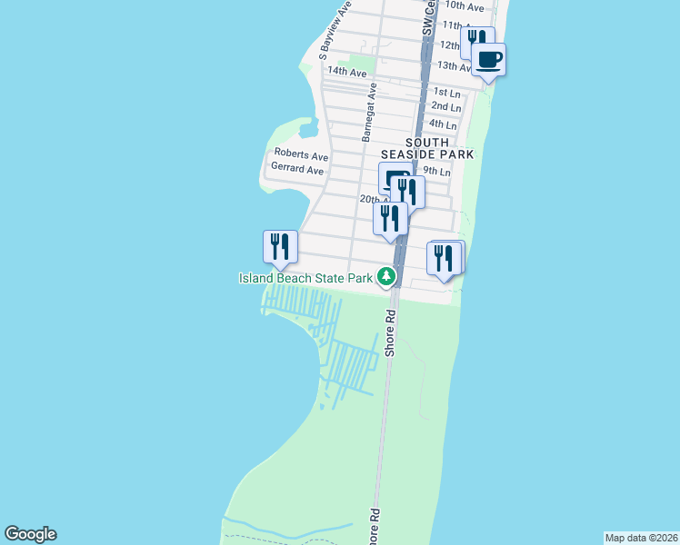 map of restaurants, bars, coffee shops, grocery stores, and more near 136 24th Avenue in Seaside Park