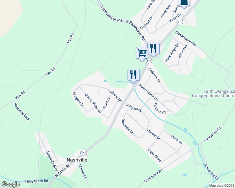 map of restaurants, bars, coffee shops, grocery stores, and more near 41 North Alpine Drive in York