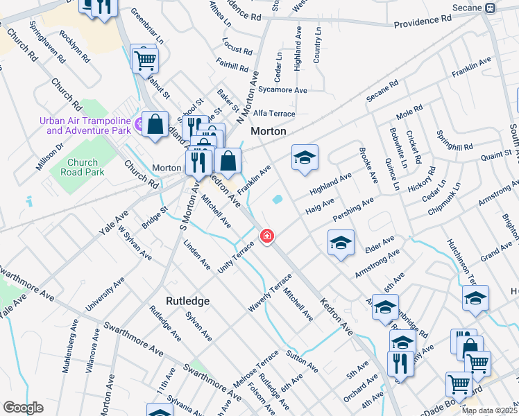 map of restaurants, bars, coffee shops, grocery stores, and more near 31 Faraday Court in Morton