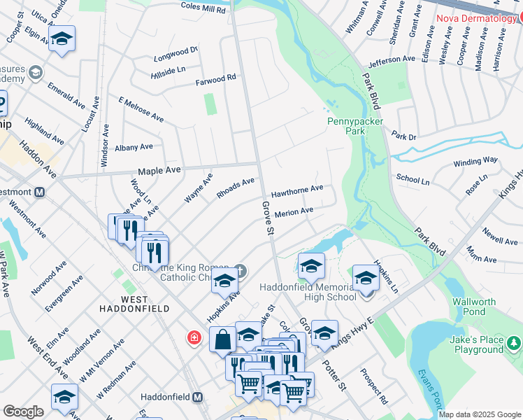 map of restaurants, bars, coffee shops, grocery stores, and more near 404 Grove Street in Haddonfield