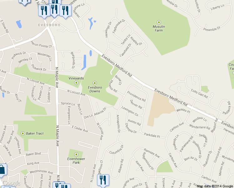 map of restaurants, bars, coffee shops, grocery stores, and more near 22 Phoenix Road in Evesham Township