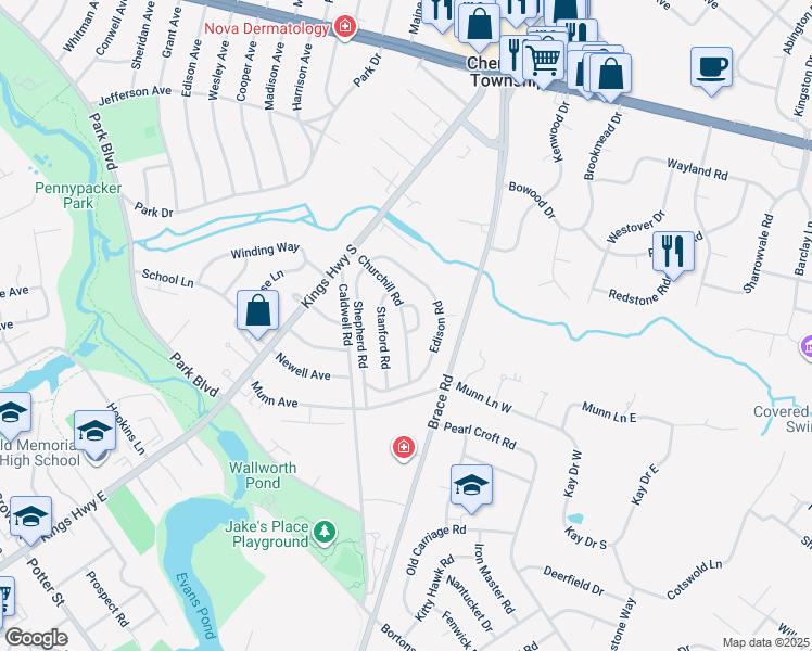 map of restaurants, bars, coffee shops, grocery stores, and more near 32 Park Circle in Cherry Hill