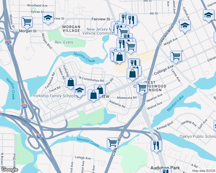 map of restaurants, bars, coffee shops, grocery stores, and more near 3030 North Merrimac Road in Camden