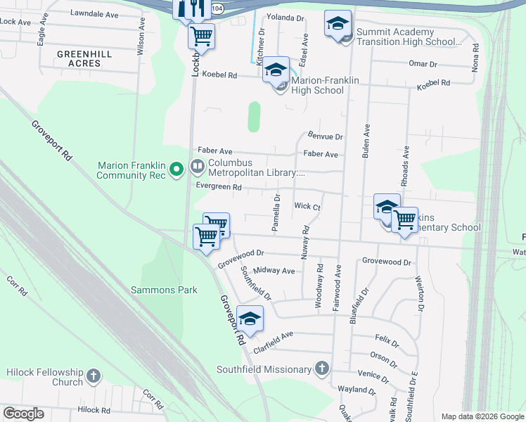 map of restaurants, bars, coffee shops, grocery stores, and more near 1246 Silverbrook Drive in Columbus