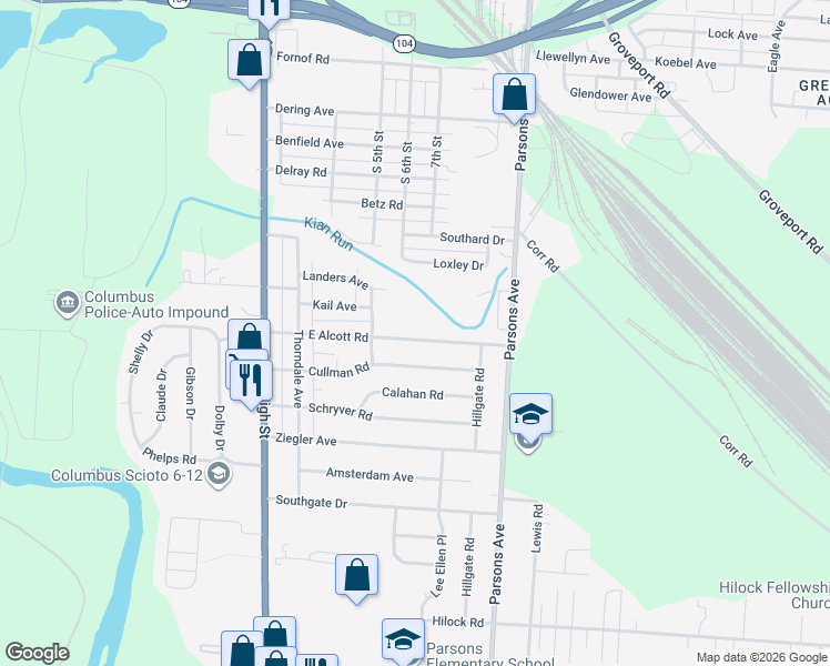 map of restaurants, bars, coffee shops, grocery stores, and more near 235 East Alcott Road in Columbus
