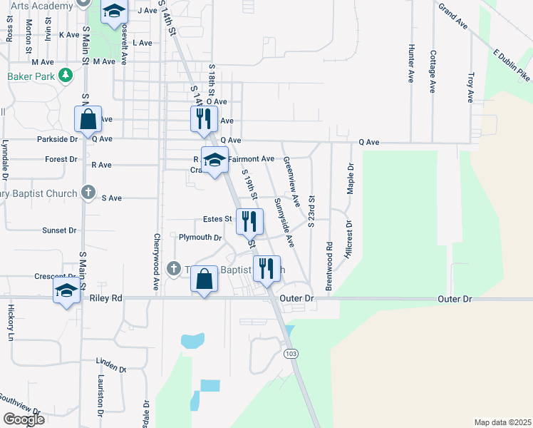 map of restaurants, bars, coffee shops, grocery stores, and more near 2801 South 19th Street in New Castle