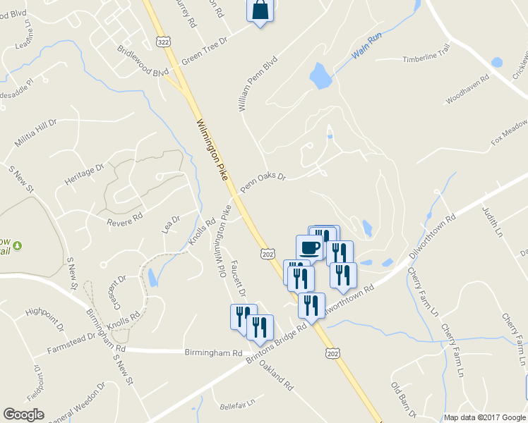 map of restaurants, bars, coffee shops, grocery stores, and more near 1309 Wilmington Pike in West Chester