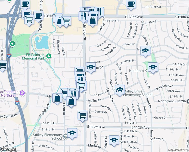 map of restaurants, bars, coffee shops, grocery stores, and more near 827 East 115th Avenue in Northglenn