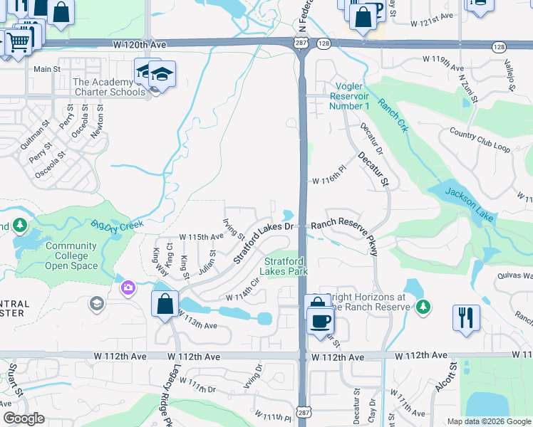 map of restaurants, bars, coffee shops, grocery stores, and more near 3120 West 115th Place in Westminster