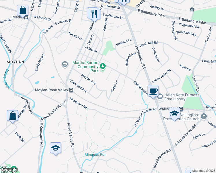 map of restaurants, bars, coffee shops, grocery stores, and more near 205 Fildes Lane in Nether Providence Township