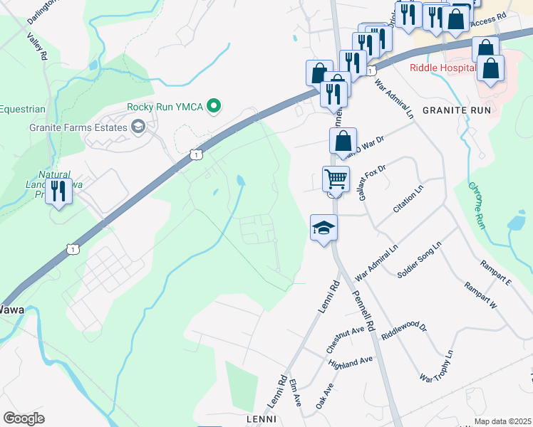 map of restaurants, bars, coffee shops, grocery stores, and more near 227 Ponds Edge Drive in Media