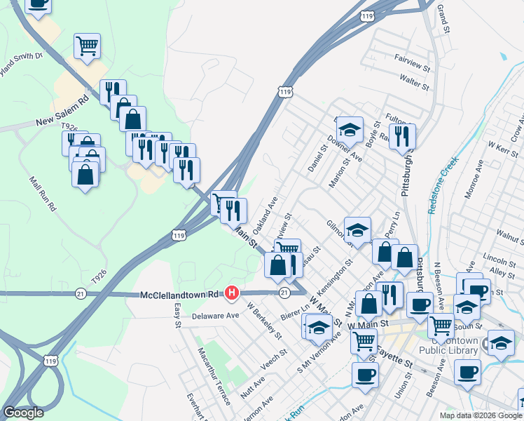 map of restaurants, bars, coffee shops, grocery stores, and more near 35 Oakland Ave in Uniontown