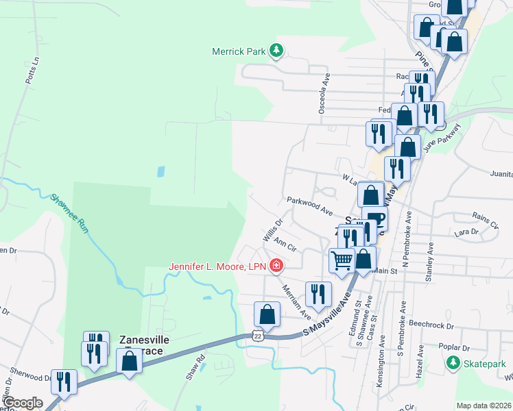 map of restaurants, bars, coffee shops, grocery stores, and more near 1585 Stephens Lane in South Zanesville