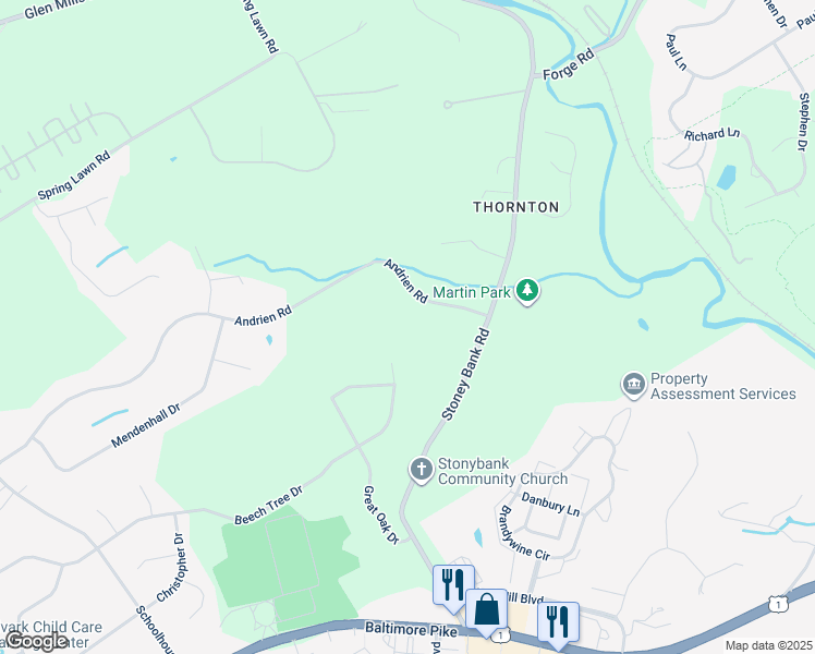 map of restaurants, bars, coffee shops, grocery stores, and more near 16 Andrien Road in Glen Mills