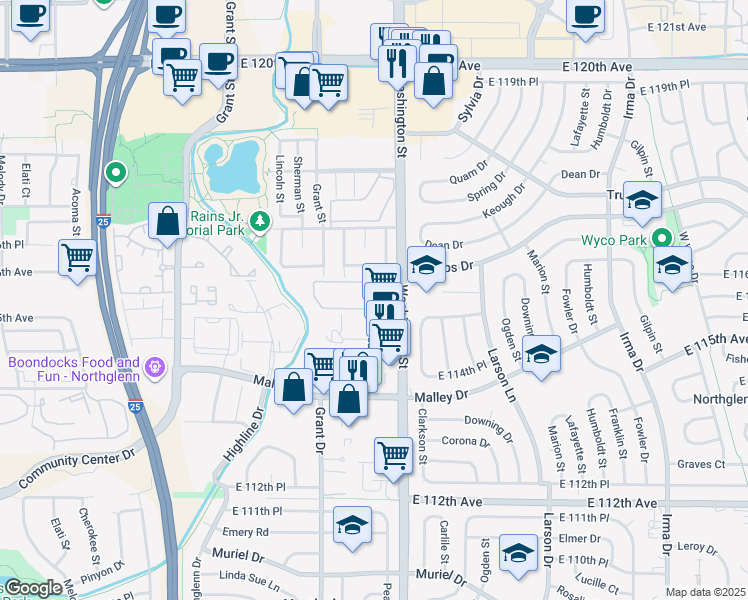 map of restaurants, bars, coffee shops, grocery stores, and more near 11475 Washington Street in Northglenn