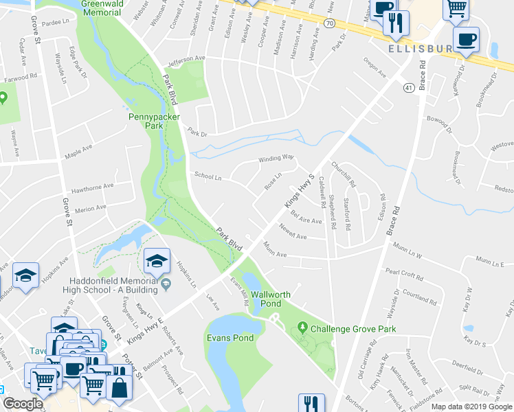 map of restaurants, bars, coffee shops, grocery stores, and more near 35 Rose Lane in Cherry Hill