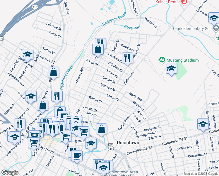 map of restaurants, bars, coffee shops, grocery stores, and more near 77 Millview Street in Uniontown