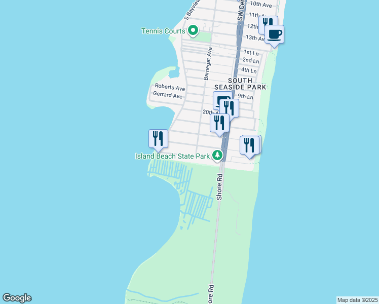 map of restaurants, bars, coffee shops, grocery stores, and more near 136 24th Avenue in Seaside Park