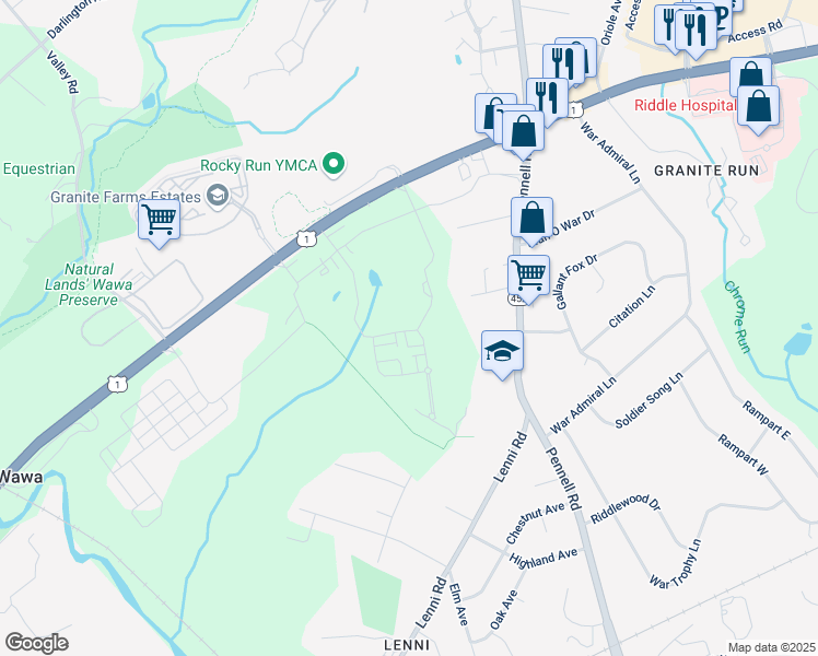 map of restaurants, bars, coffee shops, grocery stores, and more near 135 Ponds Edge Drive in Media